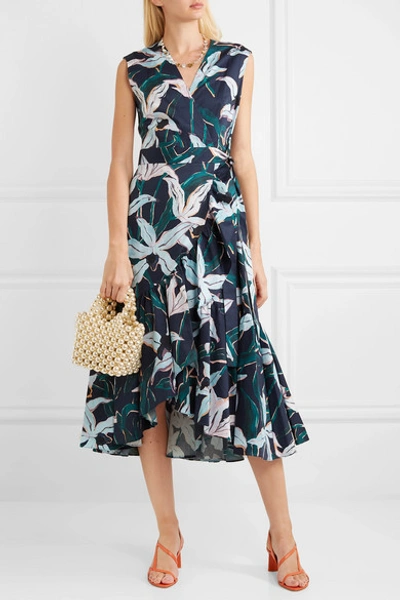 Shop Tory Burch Ruffled Floral-print Cotton-poplin Wrap Dress In Navy