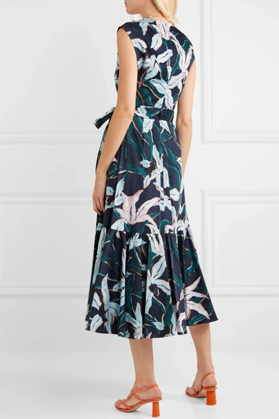 Shop Tory Burch Ruffled Floral-print Cotton-poplin Wrap Dress In Navy