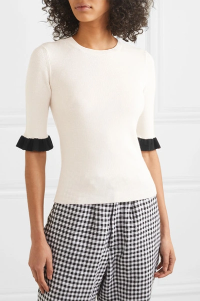 Shop Red Valentino Ruffled Point D'esprit-trimmed Wool, Silk And Cashmere-blend Sweater In White