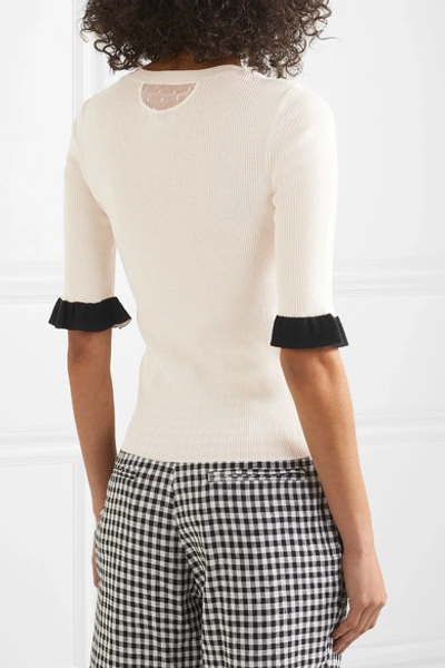 Shop Red Valentino Ruffled Point D'esprit-trimmed Wool, Silk And Cashmere-blend Sweater In White
