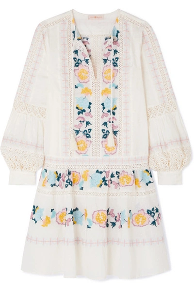 Tory Burch Boho Crochet-trimmed Embroidered Swiss-dot Cotton Mini Dress In  Ivory | ModeSens