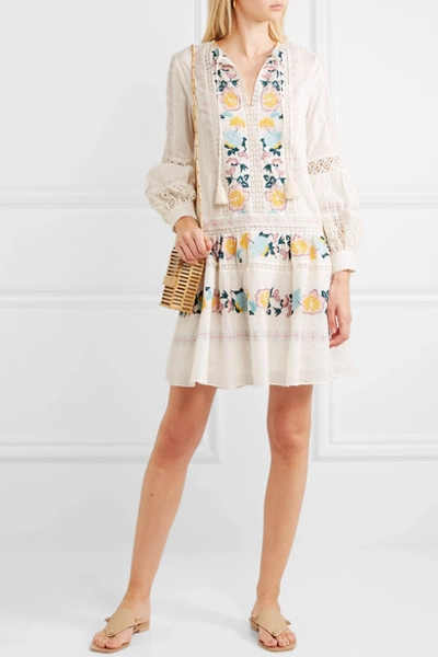 Shop Tory Burch Boho Crochet-trimmed Embroidered Swiss-dot Cotton Mini Dress In Ivory