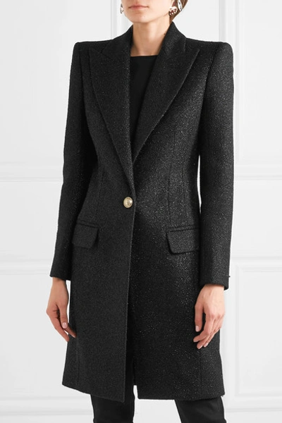 Shop Balmain Button-embellished Metallic Wool-blend Coat In Black