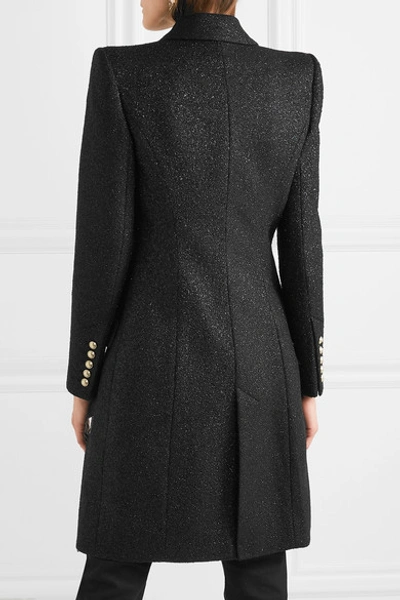 Shop Balmain Button-embellished Metallic Wool-blend Coat In Black
