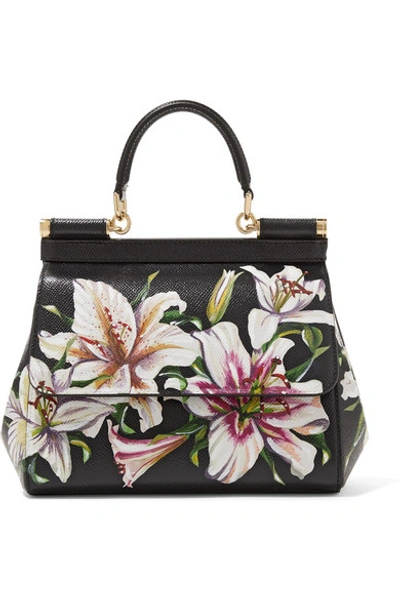 Shop Dolce & Gabbana Sicily Floral-print Textured-leather Tote In Black