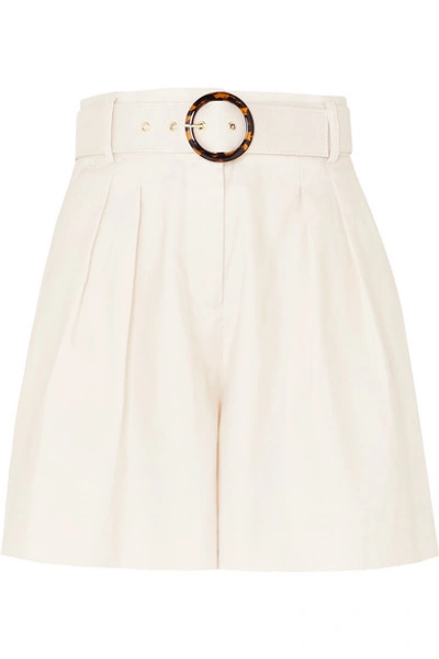 Shop Rebecca Vallance Taylor Belted Pleated Linen And Cotton-blend Shorts In Ivory