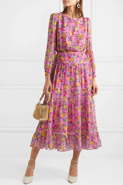 Shop Saloni Isabel Floral-print Silk-georgette Midi Dress In Pink