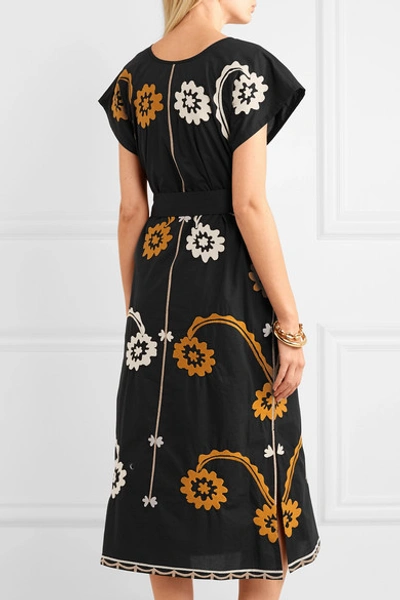 Shop Tory Burch Belted Embroidered Cotton Midi Dress In Black