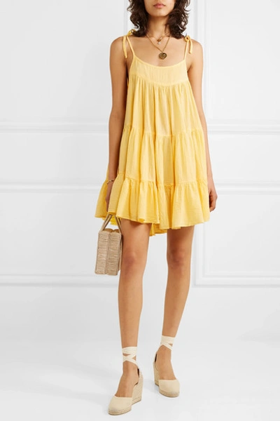 Shop Honorine Peri Tiered Crinkled Cotton-gauze Mini Dress In Yellow