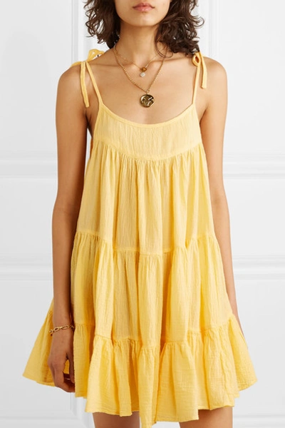 Shop Honorine Peri Tiered Crinkled Cotton-gauze Mini Dress In Yellow