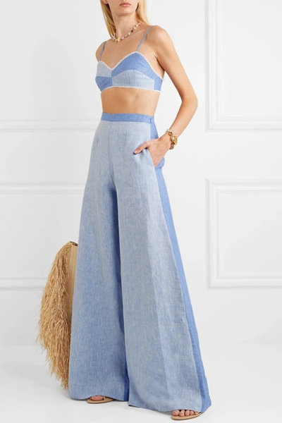 Shop Miguelina Crochet-trimmed Two-tone Linen-chambray Bralette In Azure