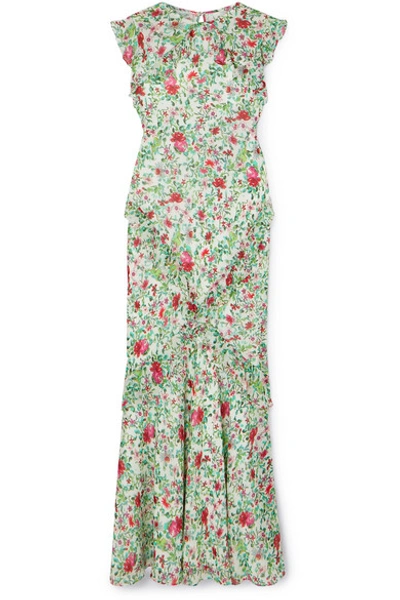 Shop Saloni Tamara Ruffled Floral-print Silk-georgette Maxi Dress In Green