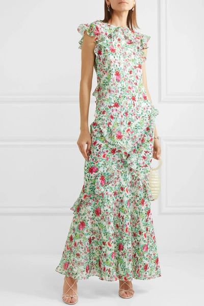 Shop Saloni Tamara Ruffled Floral-print Silk-georgette Maxi Dress In Green