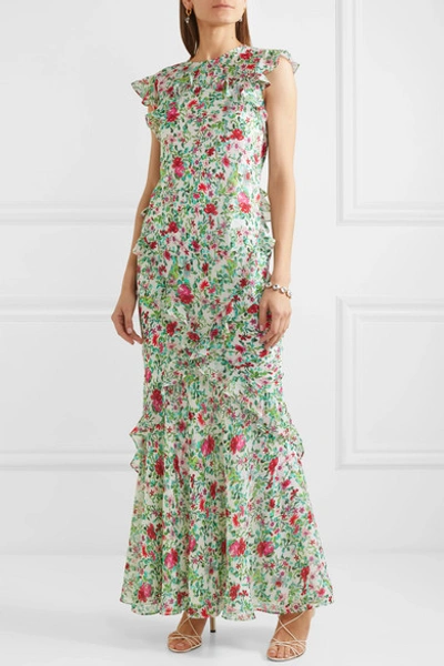 Shop Saloni Tamara Ruffled Floral-print Silk-georgette Maxi Dress In Green