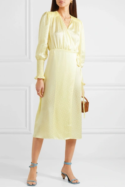 Shop Art Dealer Kate Polka-dot Silk-jacquard Wrap Dress In Pastel Yellow