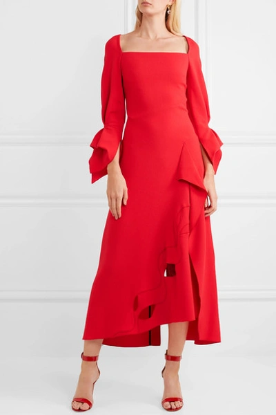Shop Roland Mouret Trinity Draped Cutout Wool-crepe Midi Dress In Red