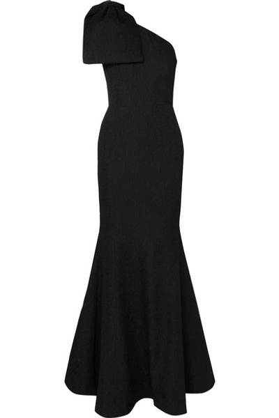 Shop Rebecca Vallance Francesca One-shoulder Bow-detailed Cloqué Gown In Black
