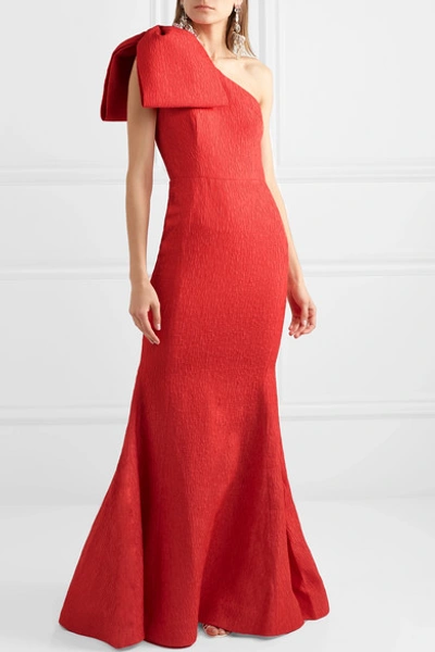 Shop Rebecca Vallance Francesca One-shoulder Bow-detailed Cloqué Gown In Coral
