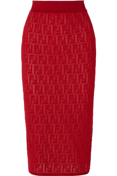 Shop Fendi Intarsia-knit Cotton-blend Midi Skirt In Red