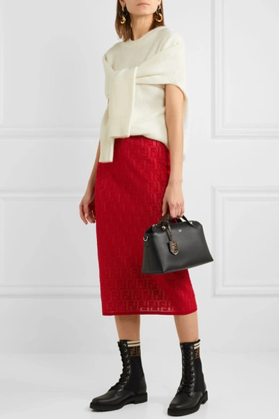 Shop Fendi Intarsia-knit Cotton-blend Midi Skirt In Red