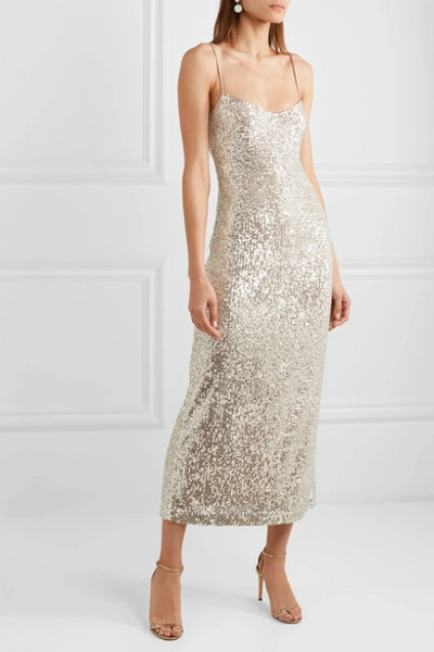 Shop Galvan Sequined Georgette Midi Dress In Platinum