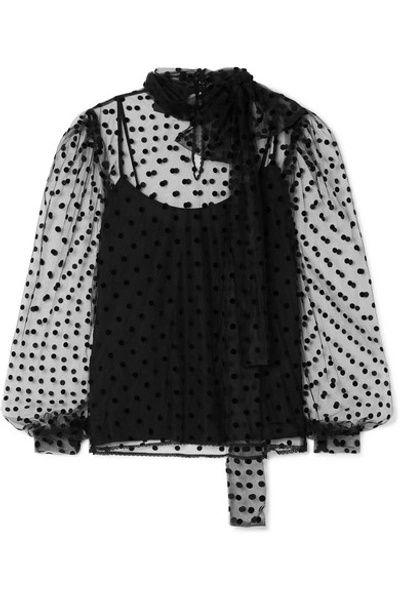 Shop Costarellos Bow-embellished Polka-dot Flocked Tulle Blouse In Black