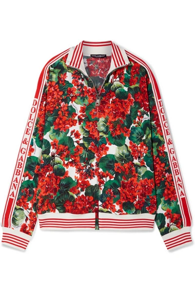 Shop Dolce & Gabbana Intarsia-trimmed Floral-print Crepe Track Jacket In Red