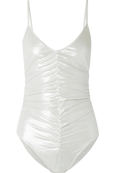 Shop Lisa Marie Fernandez Ruched Metallic Swimsuit In Silver