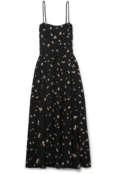 Shop Vince Floral-print Crinkled-crepe Midi Dress In Black