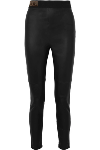 Shop Fendi Intarsia-trimmed Leather Skinny Pants In Black