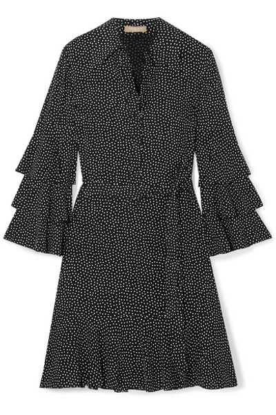 Shop Michael Kors Belted Ruffled Polka-dot Silk-crepe Mini Dress In Black