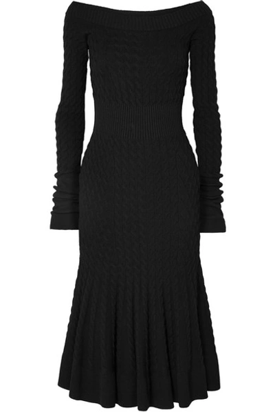 Shop Alexander Mcqueen Off-shoulder Cable-knit Wool-blend Dress In Black