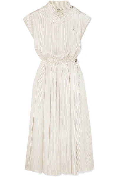 Shop Fendi Pleated Striped Silk Midi Dress In White