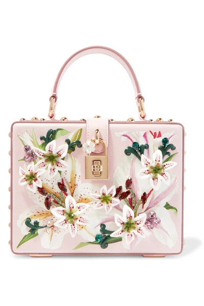 Shop Dolce & Gabbana Lilium Embellished Floral-print Textured-leather Tote In Pink
