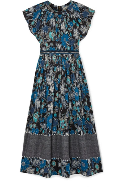 Shop Ulla Johnson Lottie Pleated Floral-print Cotton-blend Voile Midi Dress In Blue