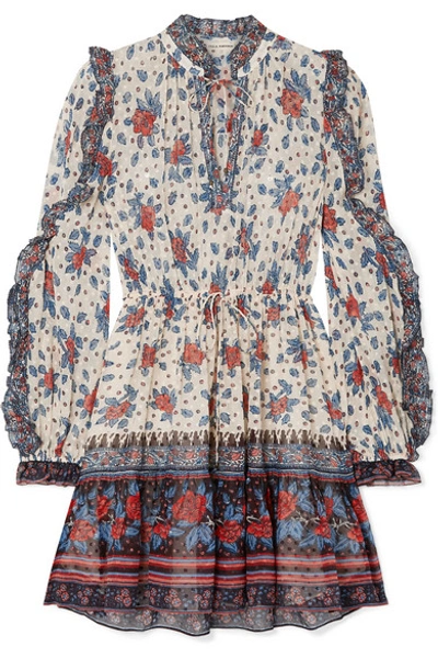 Shop Ulla Johnson Dani Ruffled Floral-print Fil Coupé Silk-blend Chiffon Mini Dress In Burgundy