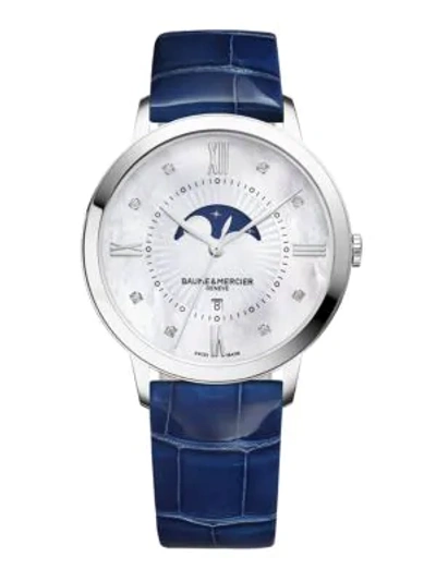 Shop Baume & Mercier Women's Classima Moonphase Diamond, Mother-of-pearl, Stainless Steel & Patent Alligator Strap Watch In Silver Blue