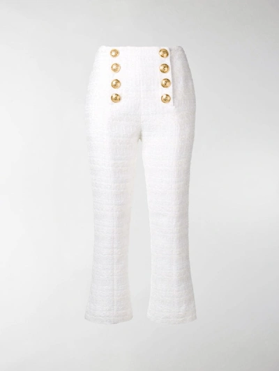 Shop Balmain Textured Tweed Cropped Trousers In White