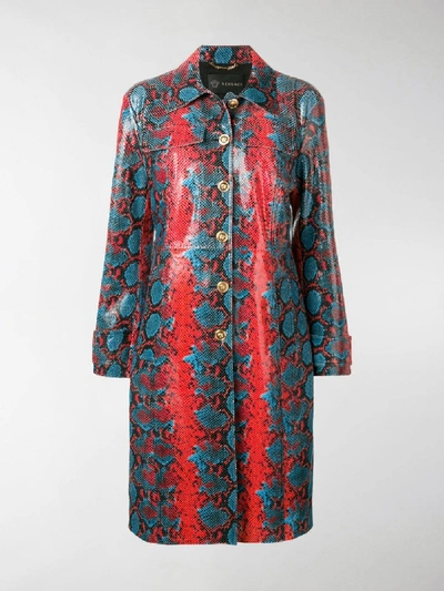 Shop Versace Python Print Long Coat In Red