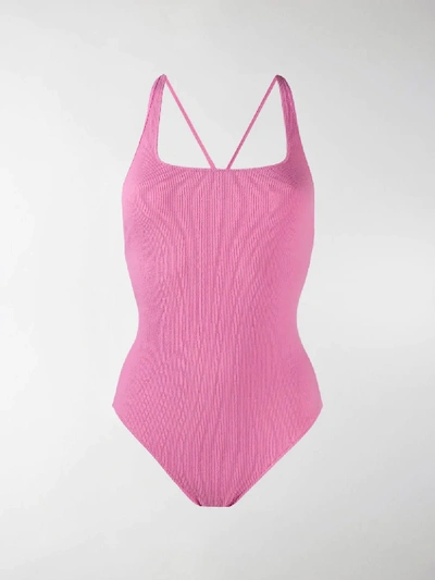 Shop Ganni Ribbed Swimsuit In Pink