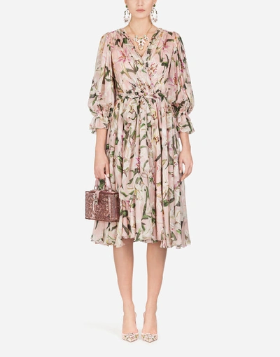 Shop Dolce & Gabbana Lily-print Chiffon Midi Dress In Pink