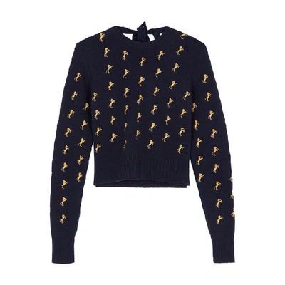 Shop Chloé Navy Horse-embroidered Wool-blend Jumper