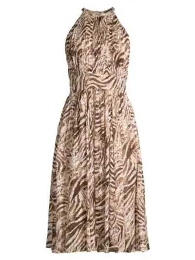 Shop Elie Tahari Dominica Animal Print Halterneck Dress In Cocoon Tiger