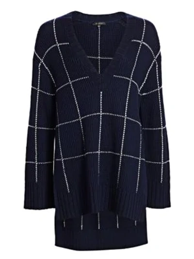 Shop St. John Windowpane Knit High-low V-neck Sweater In Navy