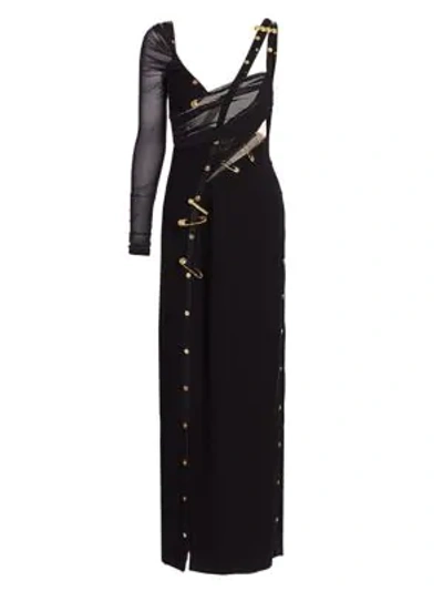 Shop Versace Safety Pin Asymmetric Cutout Crepe Gown In Black