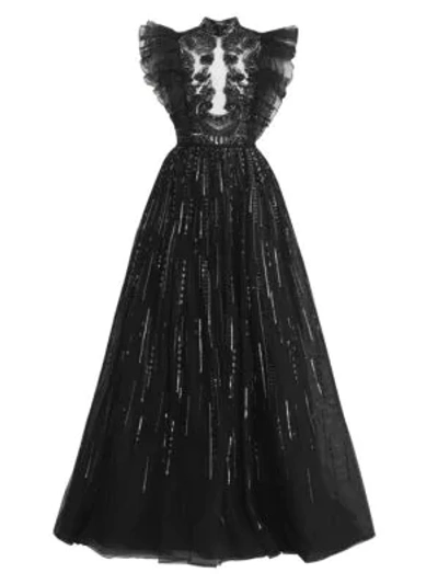 Shop Zuhair Murad Matsuri Embellished Flocked Tulle Gown In Black Gold