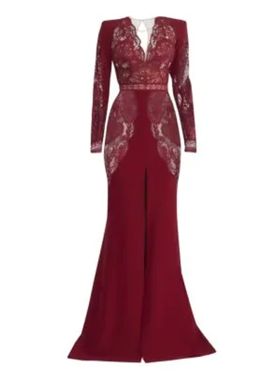 Shop Zuhair Murad Women's Mirai Lace Long-sleeve Crepe Slit Gown In Rio Red