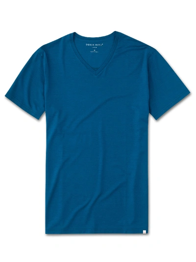 Shop Derek Rose Men's Short Sleeve V-neck T-shirt Basel 7 Micro Modal Stretch Ocean