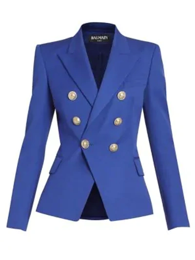 Shop Balmain Wool Double Breasted Blazer In Bleu Gitane