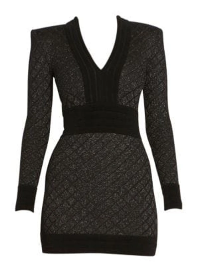 Shop Balmain Long Sleeve V-neck Diamond Grid Dress In Noir